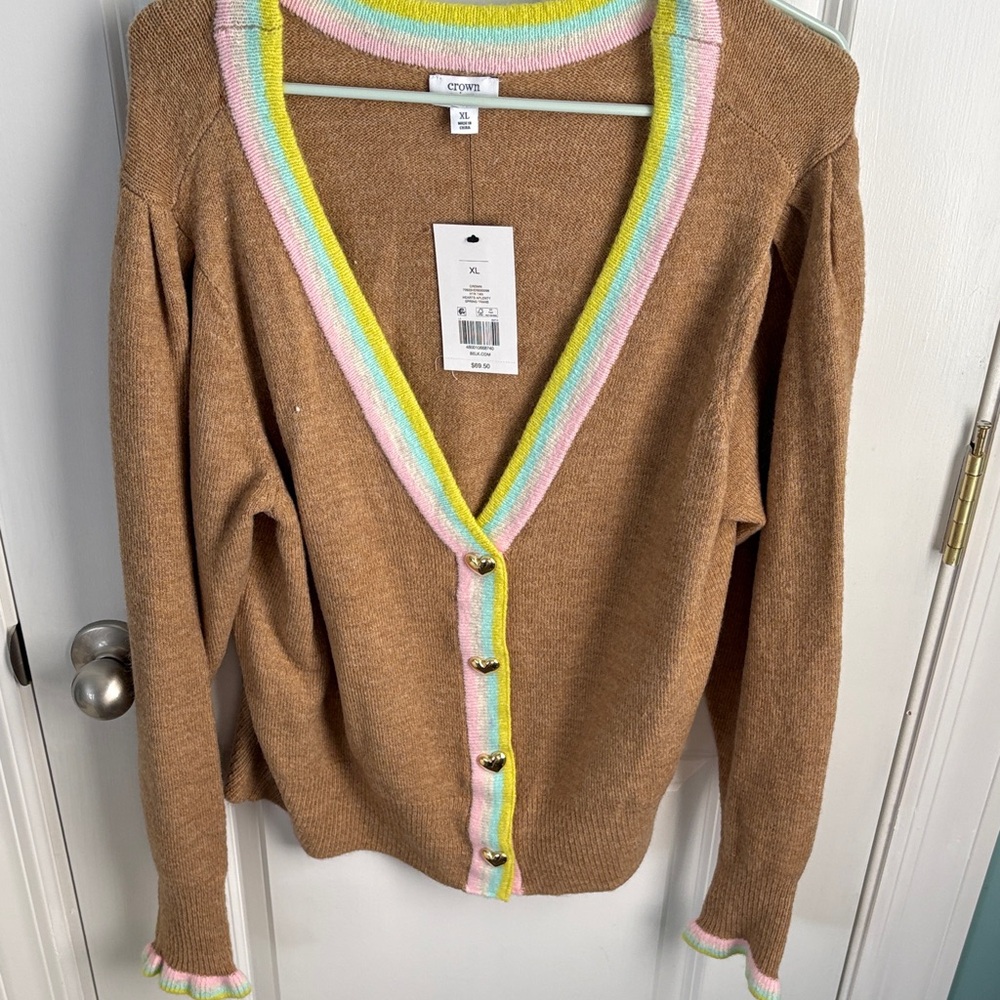 Crown & Ivy Brown Cardigan with Colorful Trim